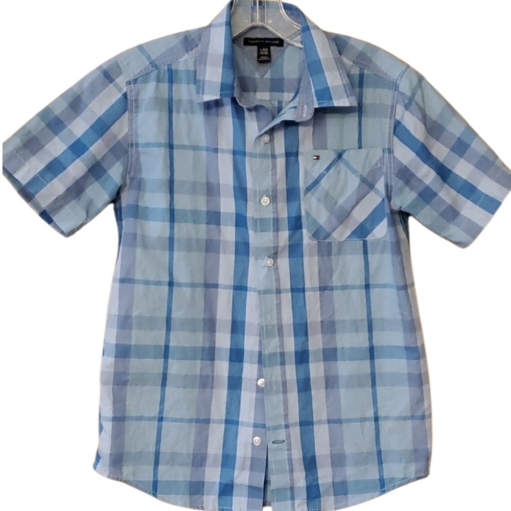 Tommy Hilfiger Big Boys L 14-16 Blue Plaid Skies Short Sleeve Buttondown Shirt